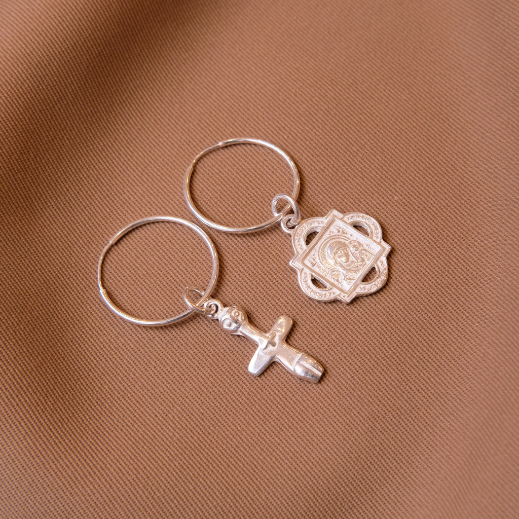 Silver Hoop Earrings with Fertility Figurine and Madonna and Child pendant - Sister the brand