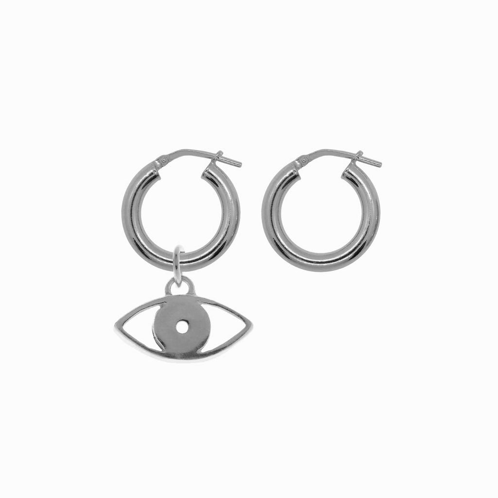 Chunky Hoop Earrings with Evil Eye Pendant - Silver - Sister the brand