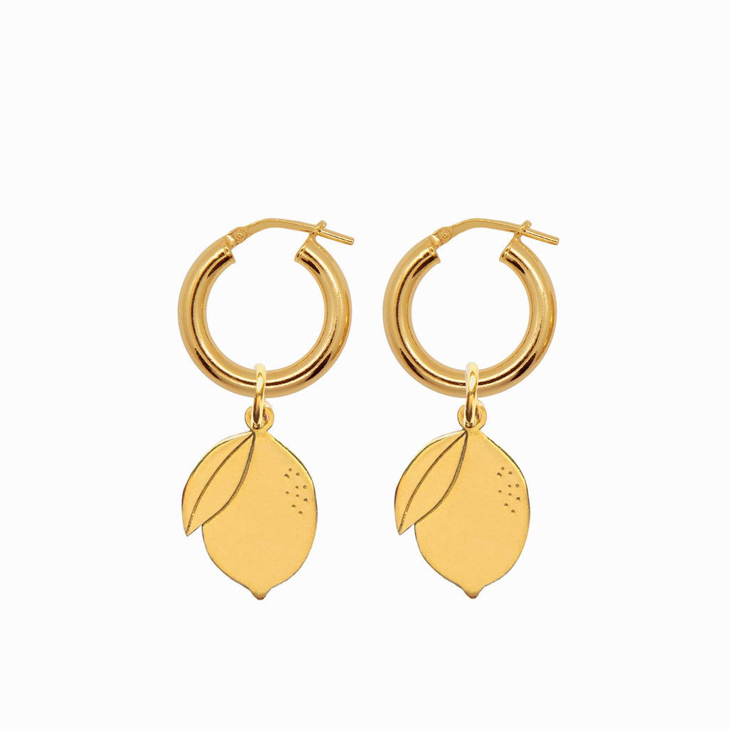 Chunky Hoop Earrings with Double Lemon Pendant - Gold-Plated Silver - Sister the brand