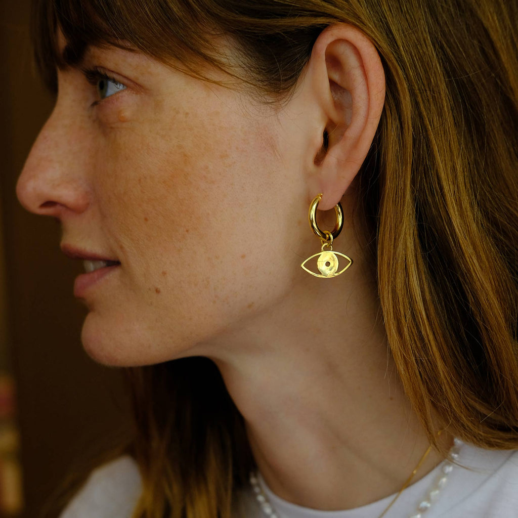 Chunky Hoop Earrings with Double Evil Eye Pendant - Gold-Plated Silver - Sister the brand