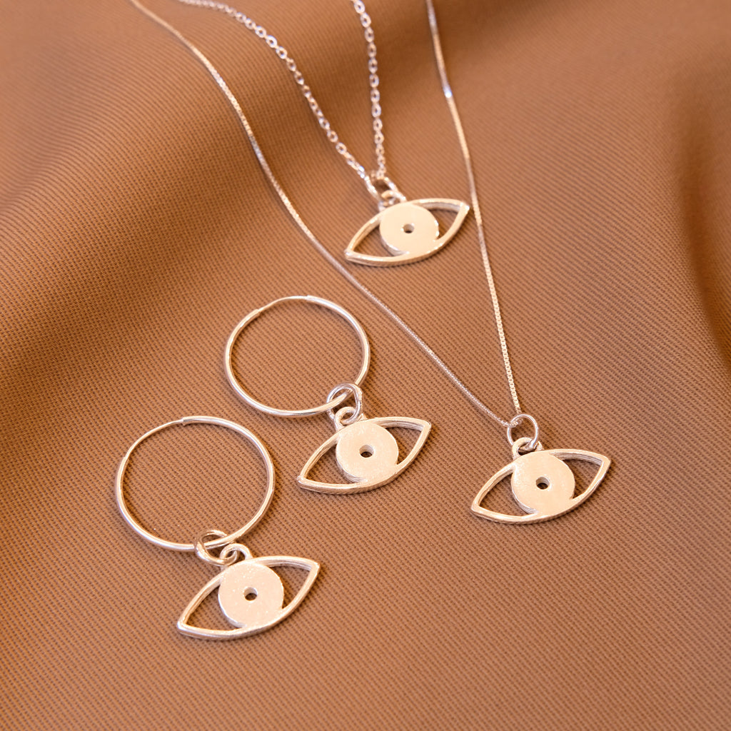 Hoop Earrings with double Evil Eye Pendant - Silver - Sister the brand