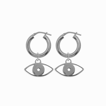 Chunky Hoop Earrings with Double Evil Eye Pendant - Silver - Sister the brand