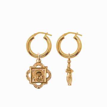 Chunky Hoop Earrings with Aphrodite and Quatrefoil Pendant - Gold-Plated Silver - Sister the brand