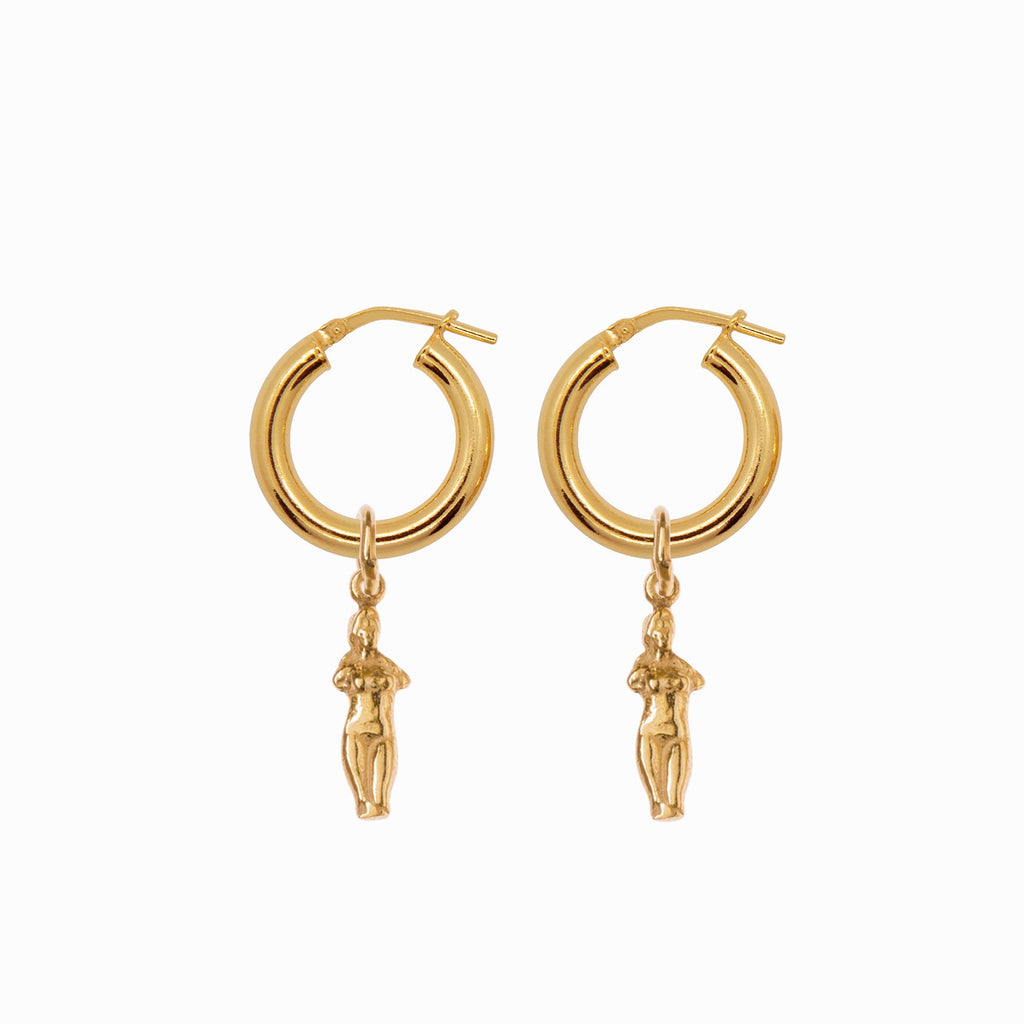 Chunky Hoop Earrings with Double Aphrodite Pendant - Gold-Plated Silver - Sister the brand