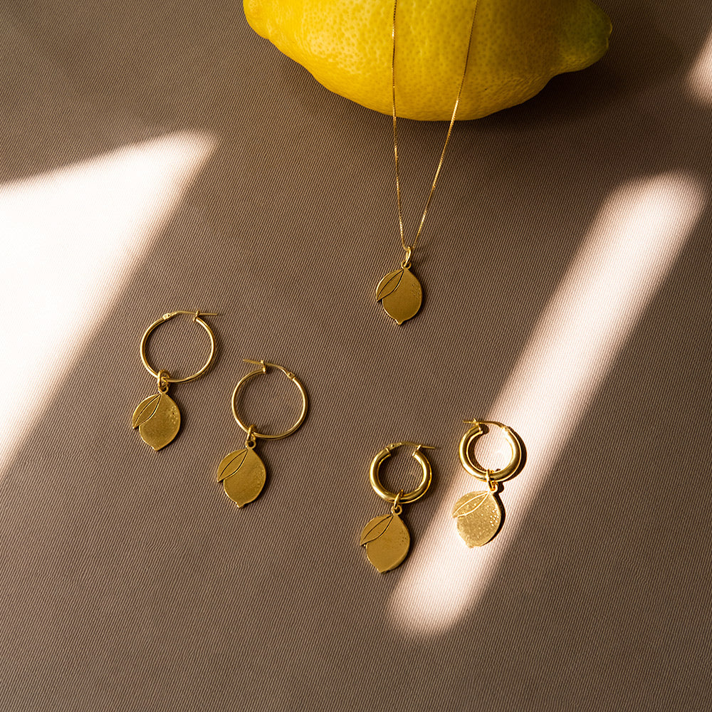 Chunky Hoop Earrings with Double Lemon Pendant - Gold-Plated Silver - Sister the brand